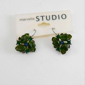 Marvella Thermoset Green leaves pierced dangle earrings/ Green rhinestones